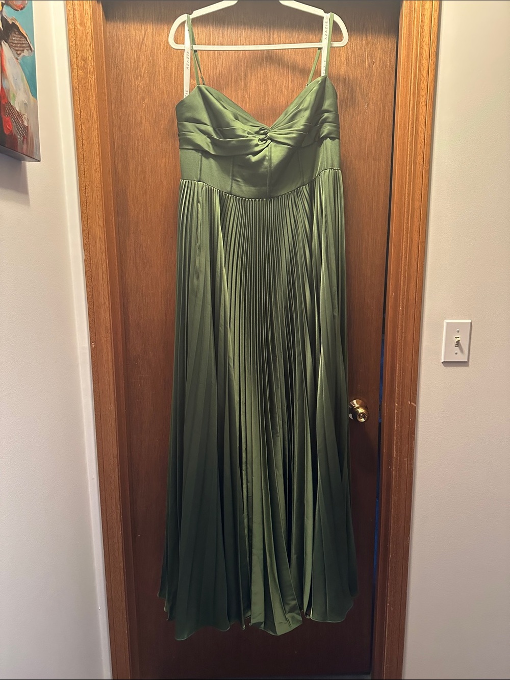 Azazie Olive Green Pleated Maxi Dress with Sweetheart Bodice - Picture 6 of 7